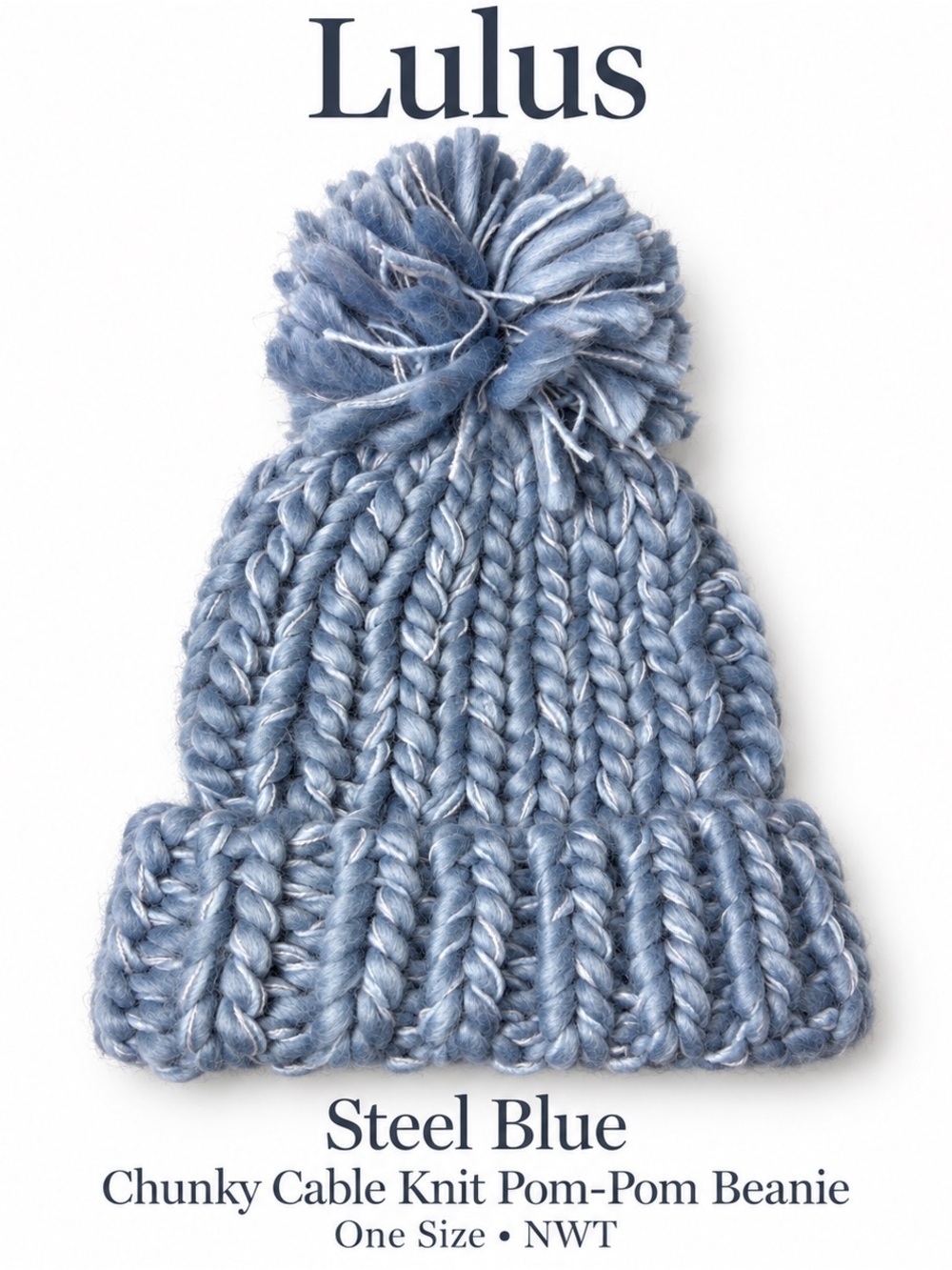 Lulu's Steel Blue Chunky Cable Knit Pom-Pom Beanie NWT
